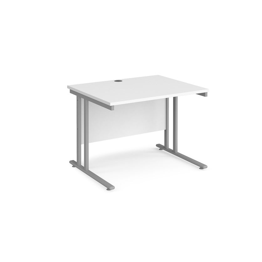A white desk with a grey cantilever frame.