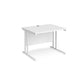 A white desk with a white cantilever frame.
