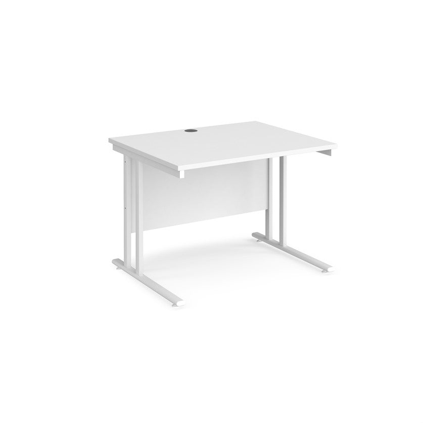 A white desk with a white cantilever frame.