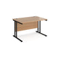 A beech desk with a black cantilever frame.