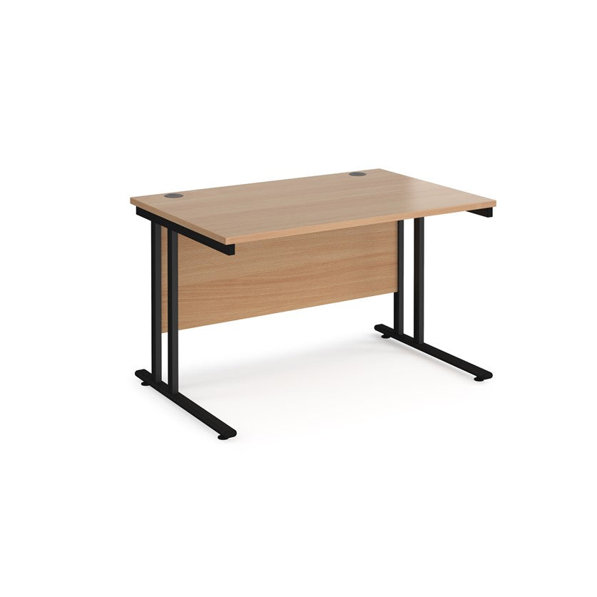 A beech desk with a black cantilever frame.