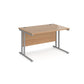 A beech desk with a grey cantilever frame.