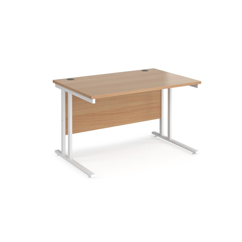 A beech desk with a white cantilever frame. 