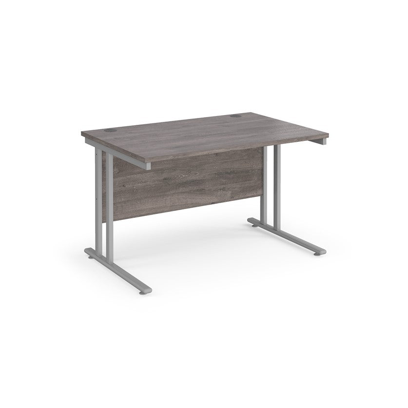 A grey desk with a grey cantilever frame. 