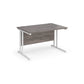 A grey desk with a white cantilever frame. 