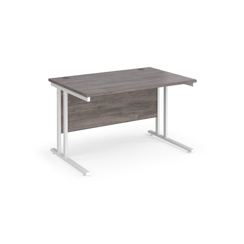 A grey desk with a white cantilever frame. 