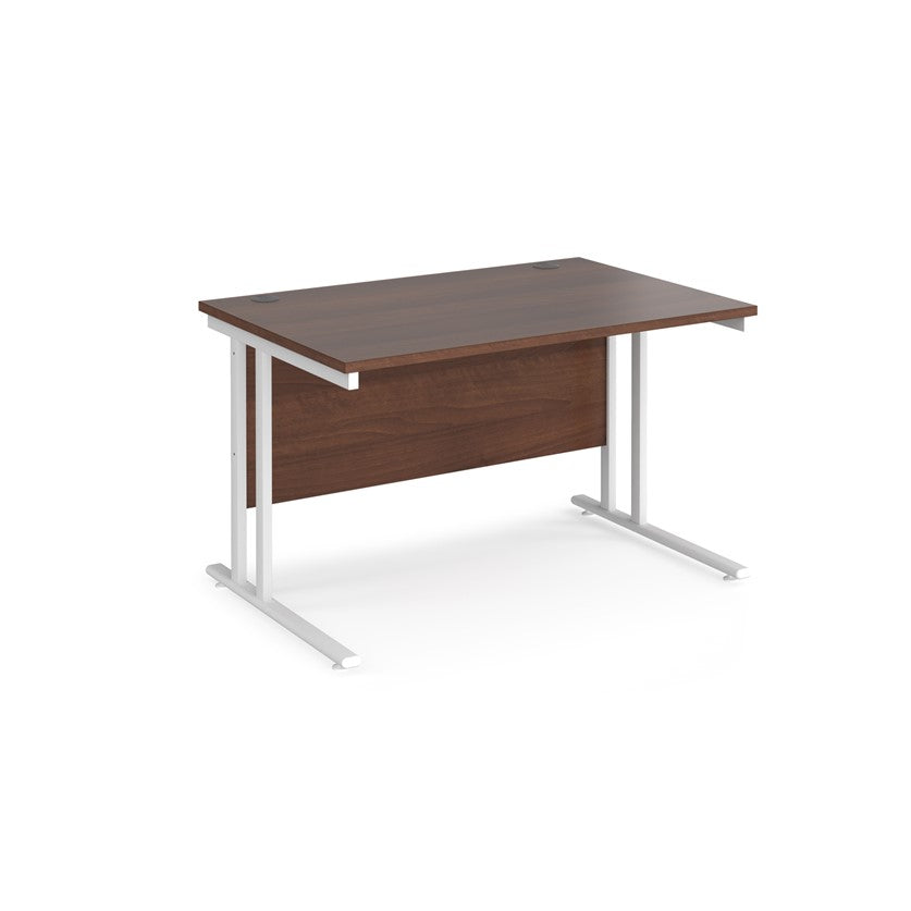 A walnut desk with a grey cantilever frame.
