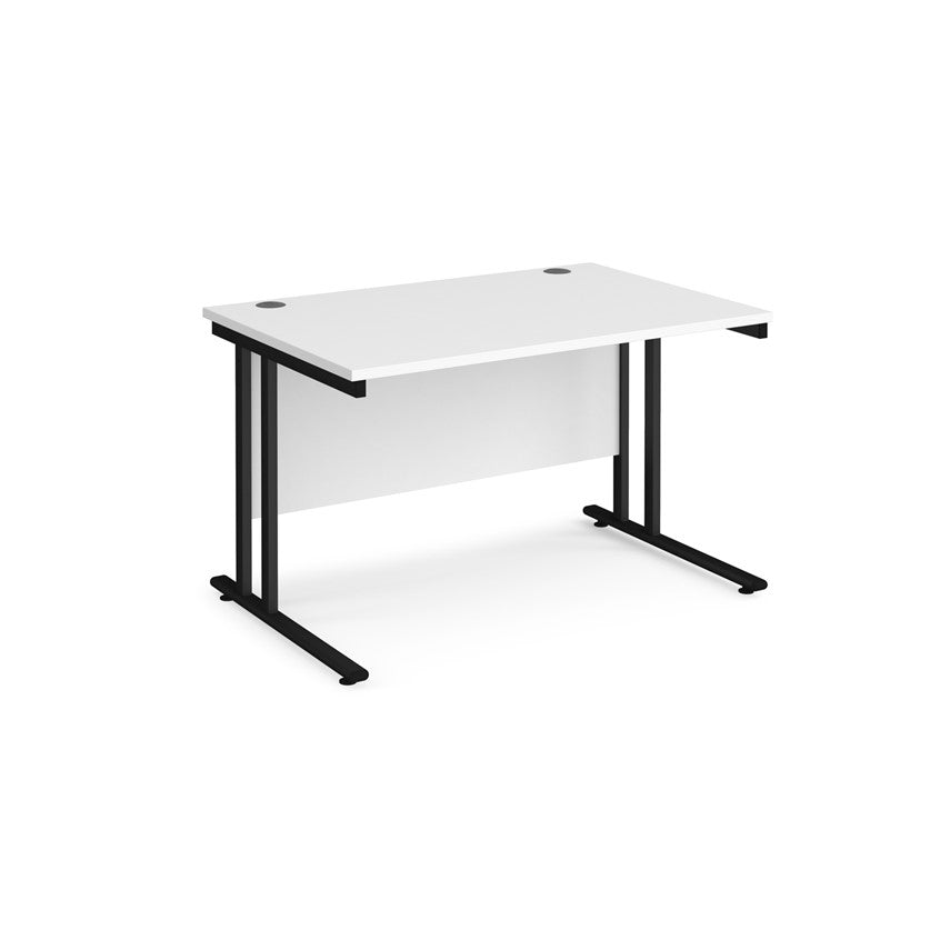 A white desk with a black cantilever frame. 