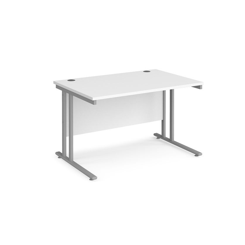 A white desk with a grey cantilever frame. 