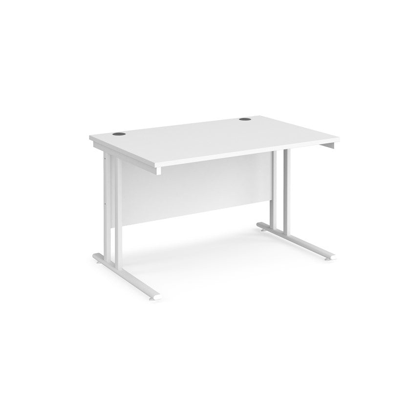 A white desk with a white cantilever rame. 