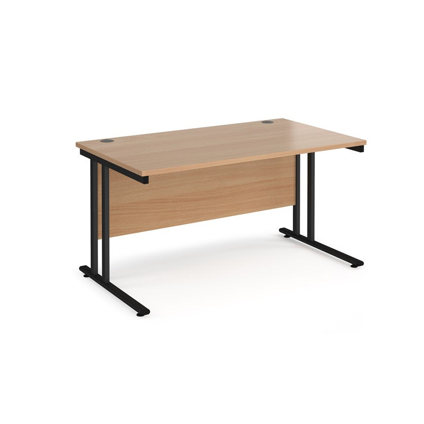 A beech desk with a black cantilever frame. 