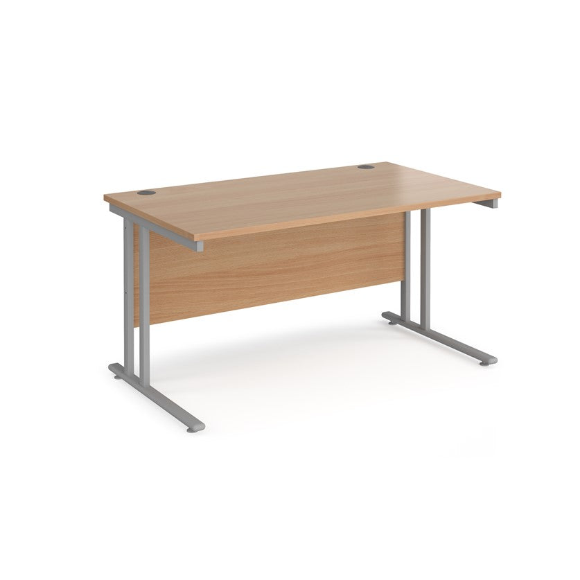 A beech desk with a grey cantilever frame. 