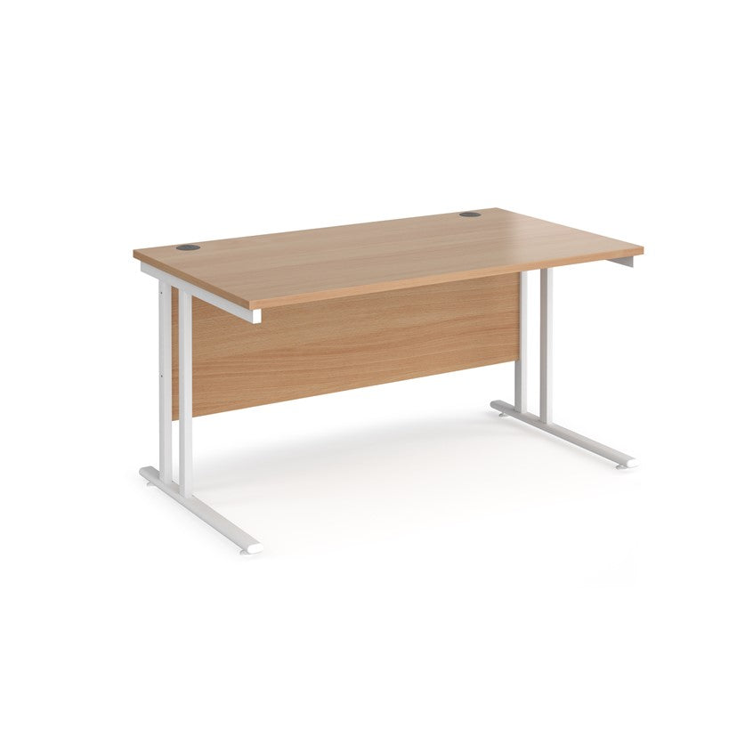 A beech desk with a white cantilever frame. 