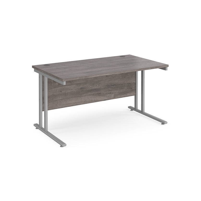 A grey desk with a grey cantilever frame.