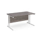 A grey desk with a white cantilever frame.