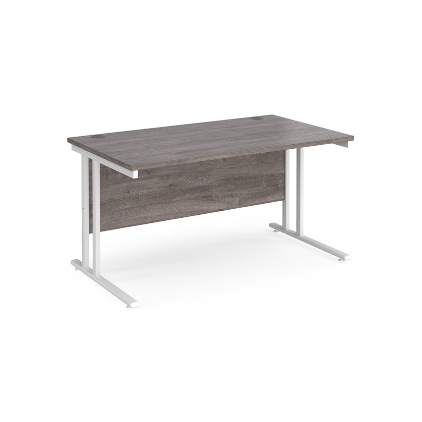 A grey desk with a white cantilever frame.