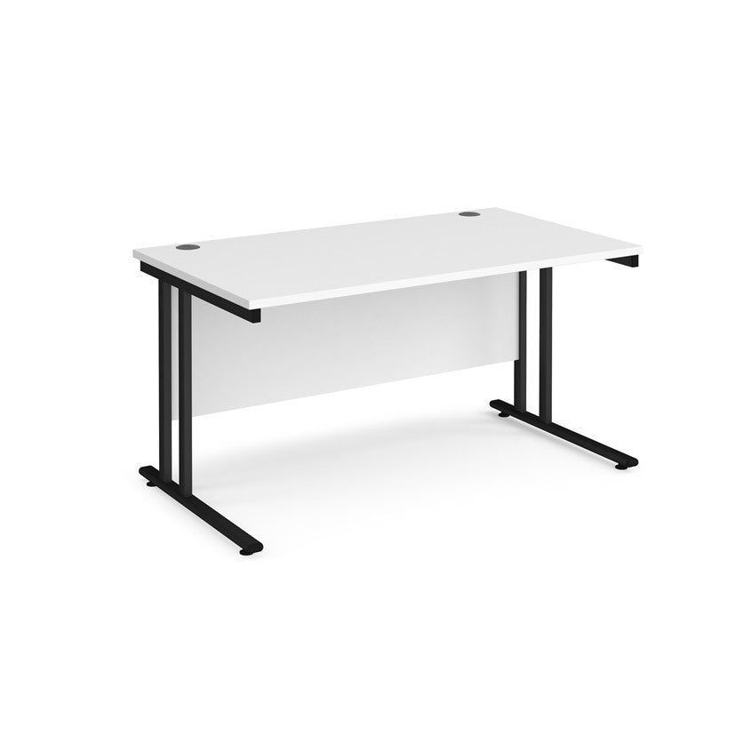 A white desk with a black cantilever frame.