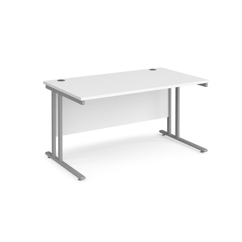 A white desk with a grey cantilever frame. 