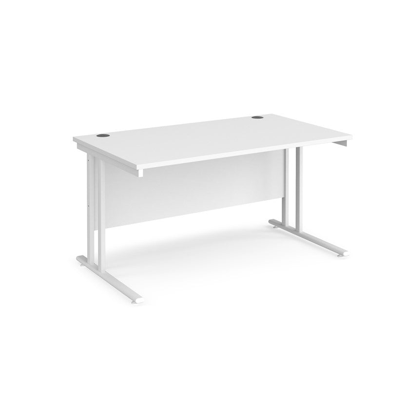 A white desk with a white cantilever frame.