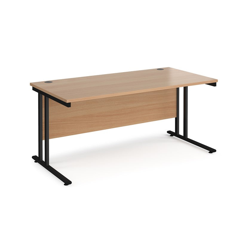 A beech desk with a black cantilever frame.