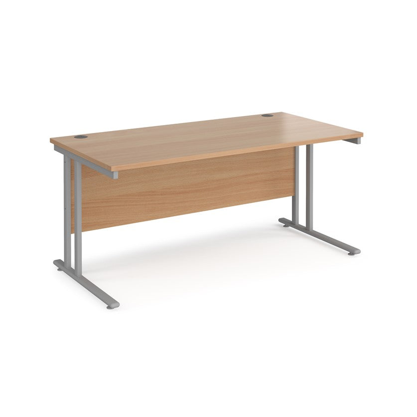 A beech desk with a grey cantilever frame.