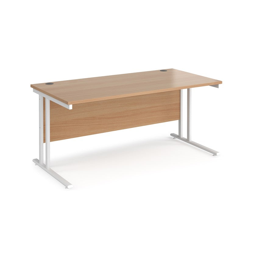 A beech desk with a white cantilever frame.