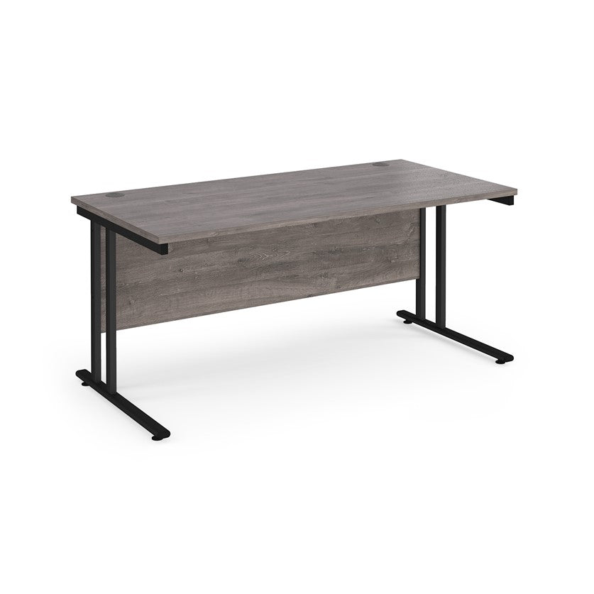 A grey desk with a black cantilever frame.