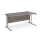 A grey desk with a grey cantilever frame.