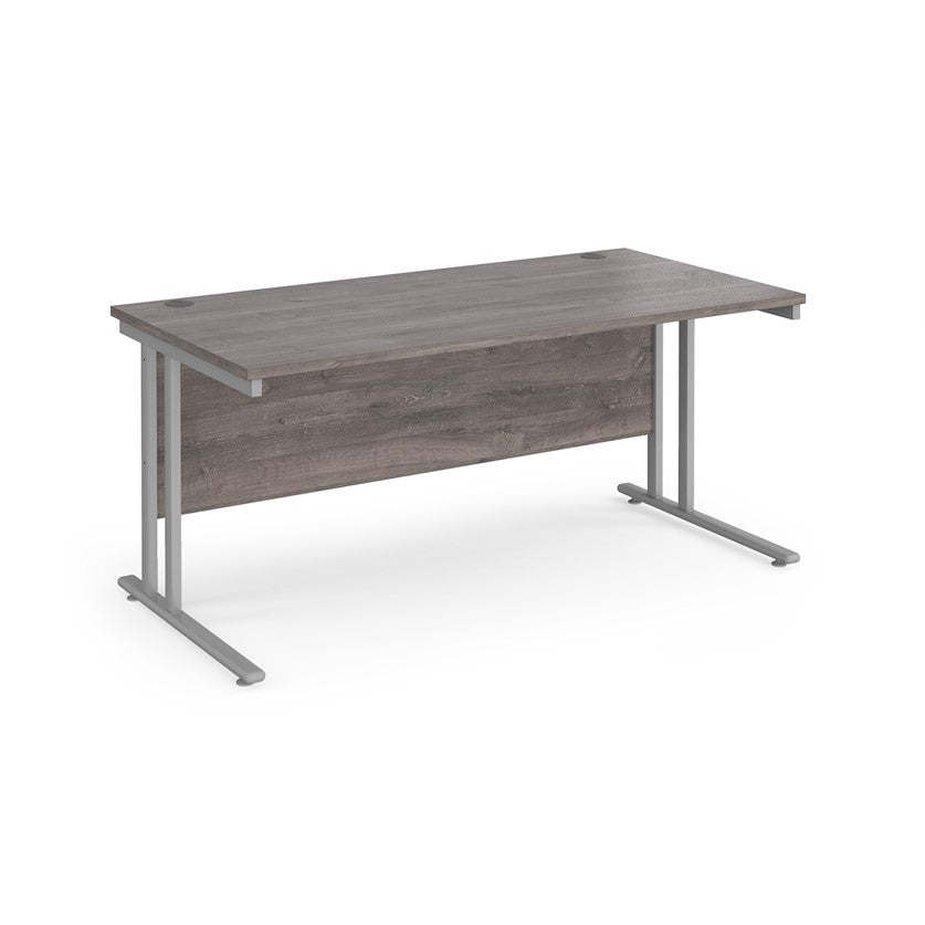 A grey desk with a grey cantilever frame.