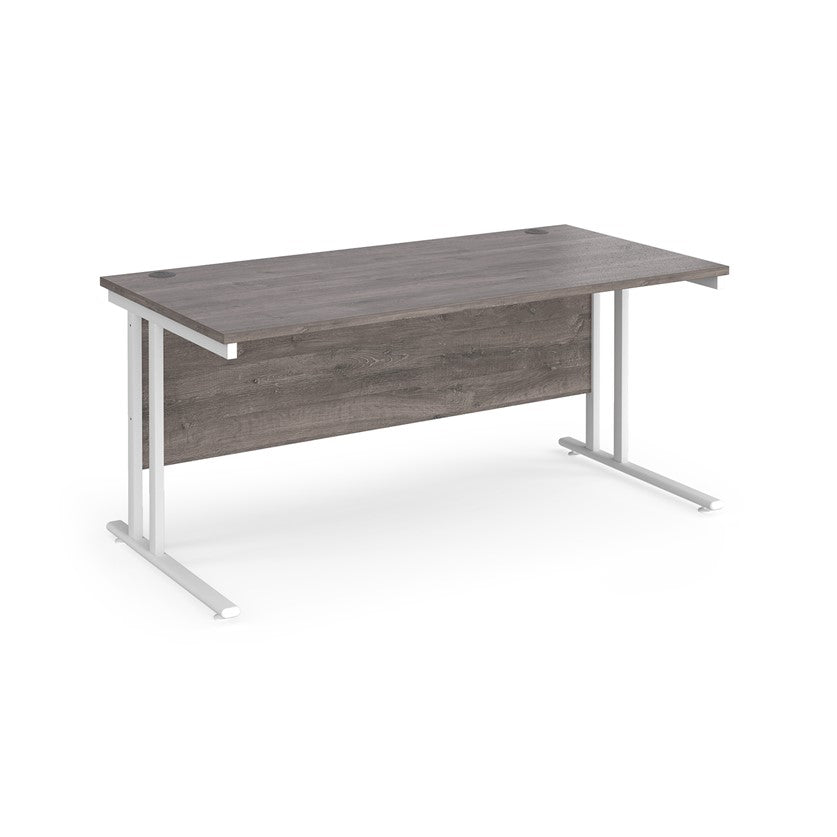 A grey desk with a white cantilever frame.