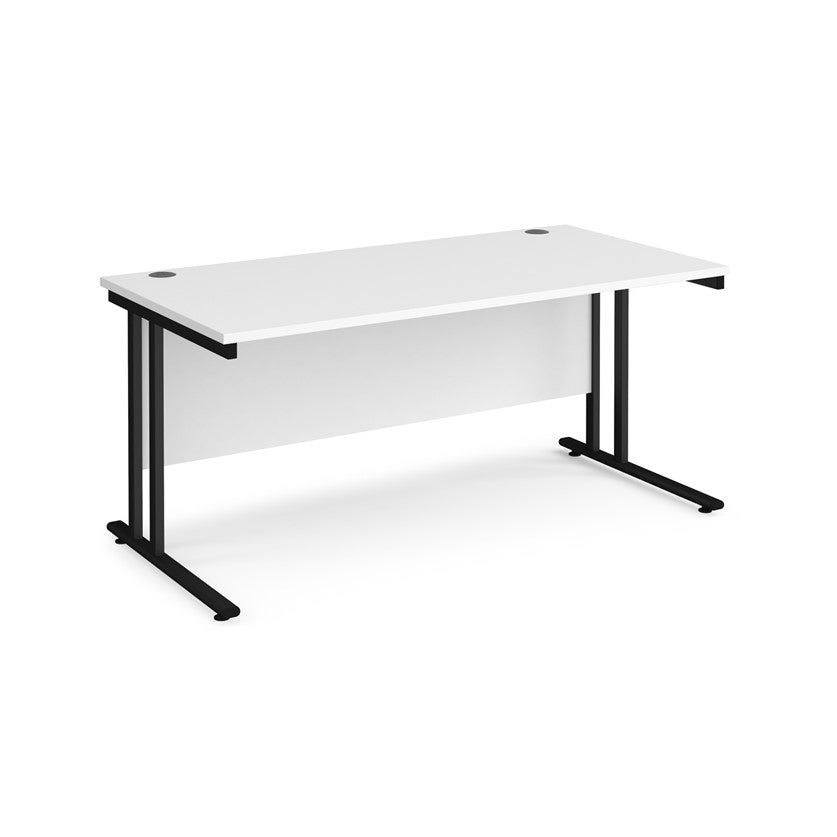 A white desk with a black cantilever frame.