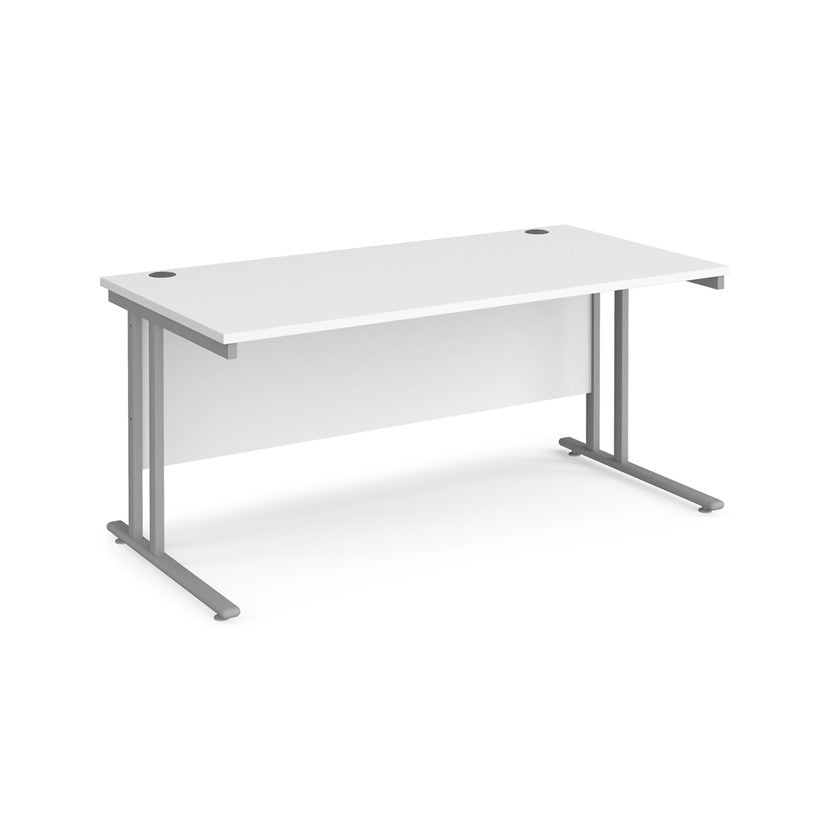 A white desk with a grey cantilever frame.