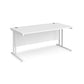 A white desk with a white cantilever frame. 