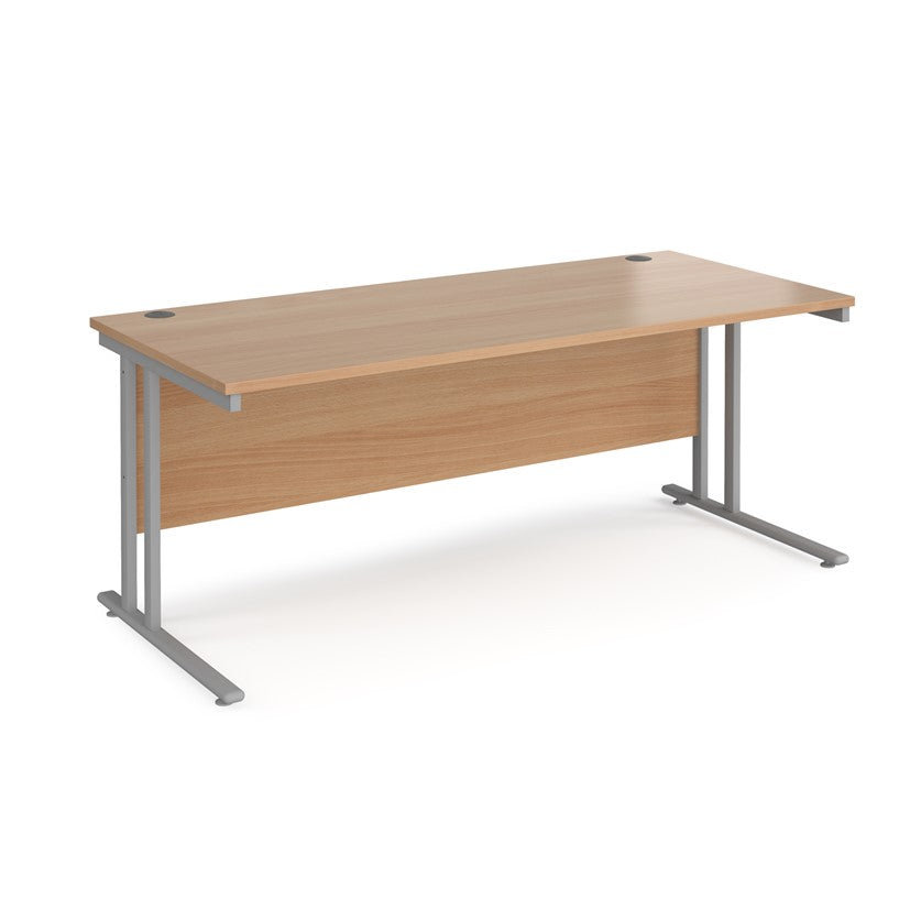A beech desk with a grey cantilever frame.