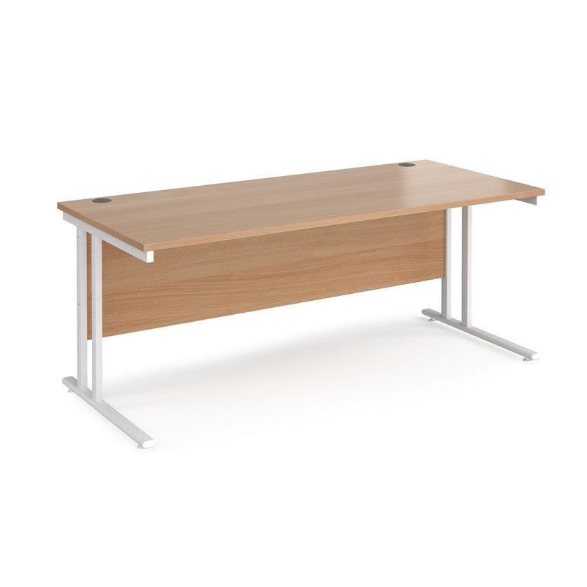 A beech desk with a white cantilever frame. 