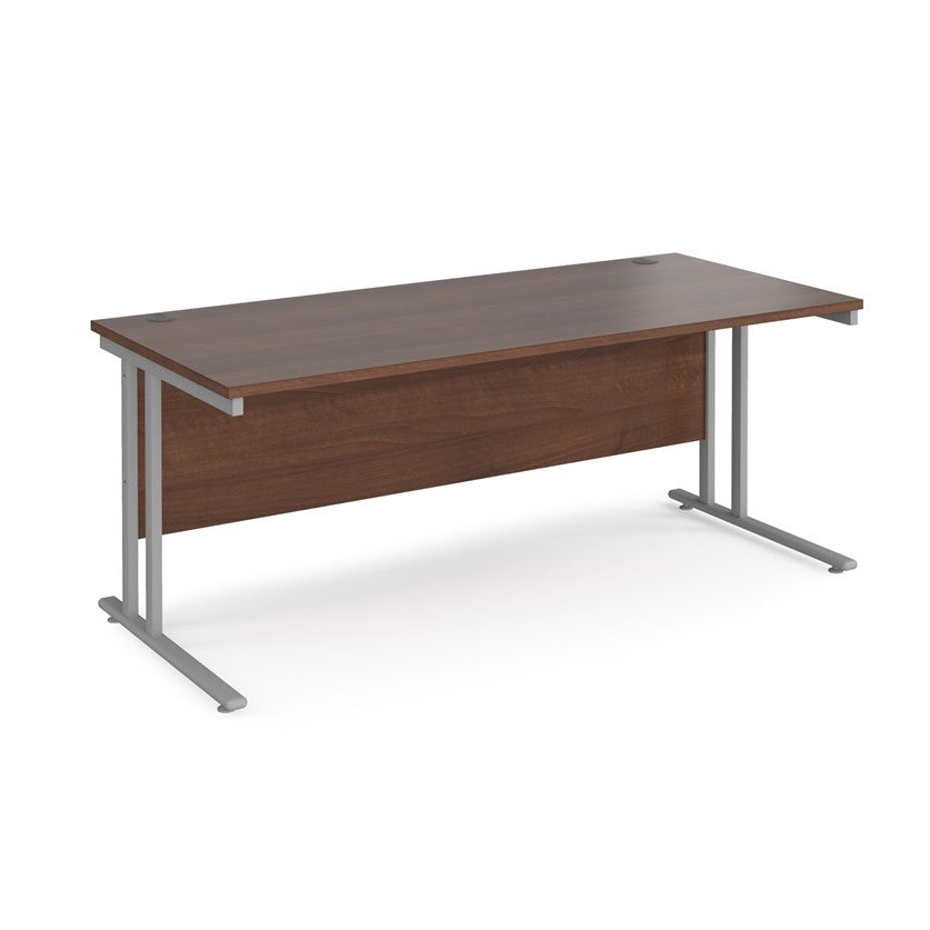 A walnut frame with a grey cantilever frame. 