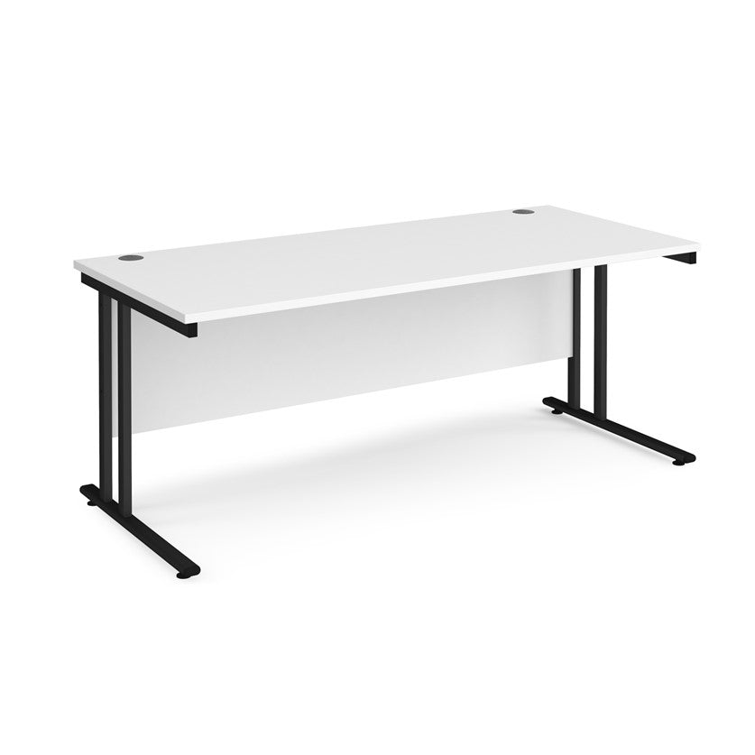 A white desk with a black cantilever frame.