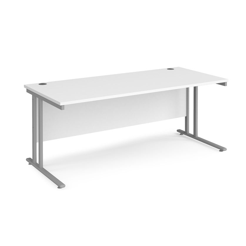 A white desk with a grey cantilever frame.