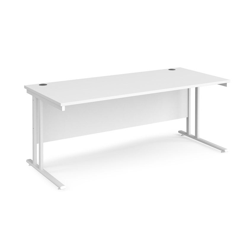 A white desk with a white cantilever frame. 