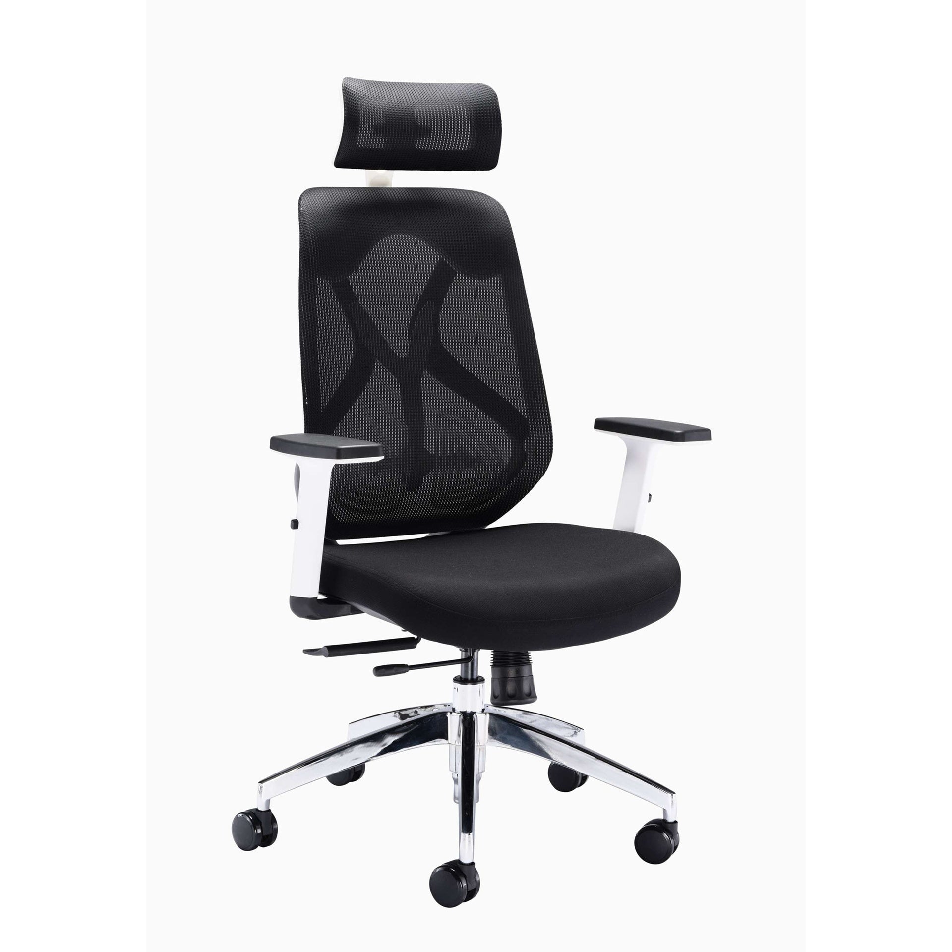 Black office chair with headrest on a white background