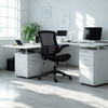 Modern office setup with a white desk, black chair, and computer equipment.