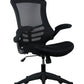 Black office chair with mesh back on a white background