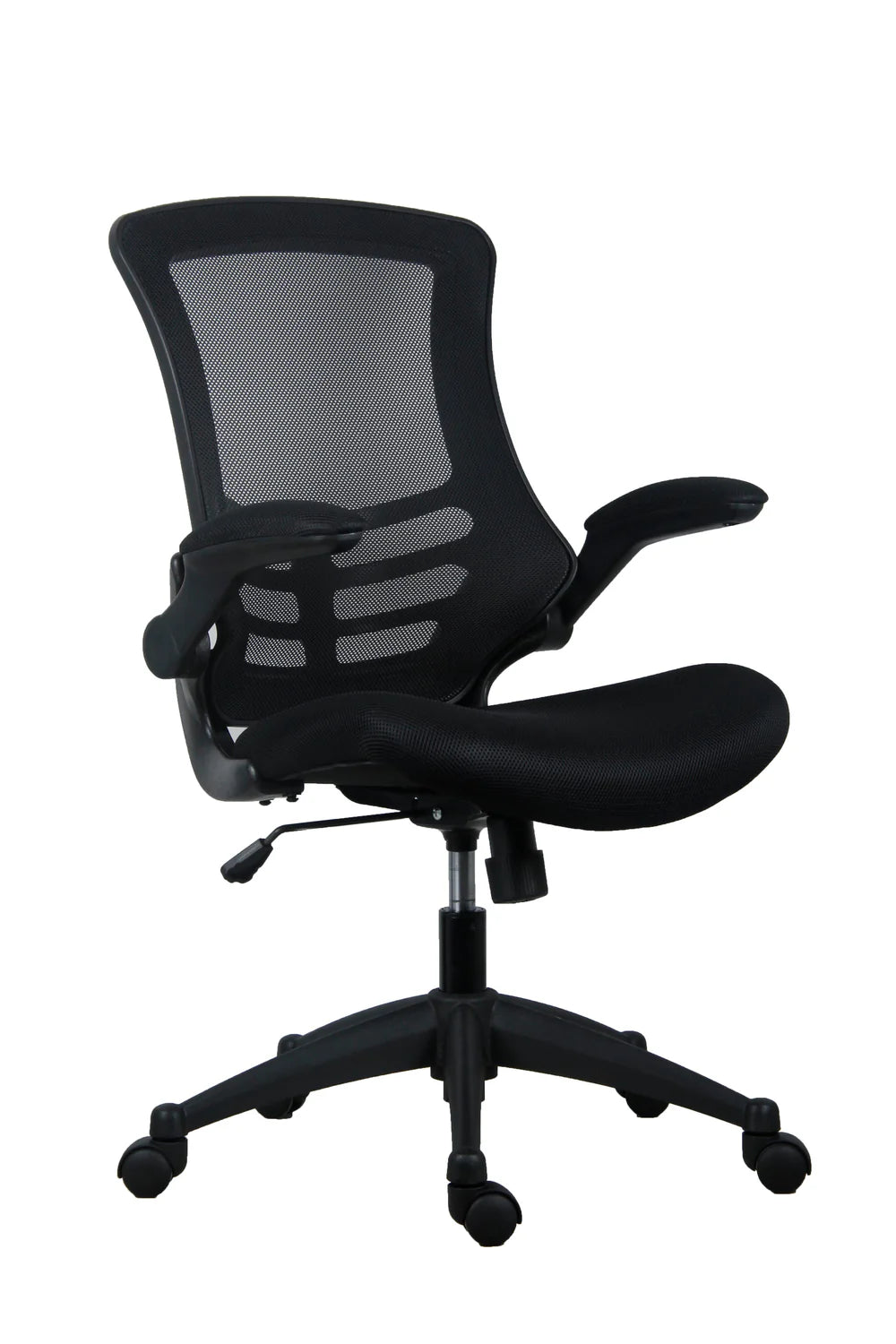 Black office chair with mesh back on a white background