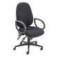 A charcoal office chair with a lumbar support pump, featuring a ratchet back, adjustable seat slide, and five-star base with casters.