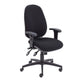 A black office chair with a lumbar support pump, featuring a ratchet back, adjustable seat slide, and five-star base with casters.