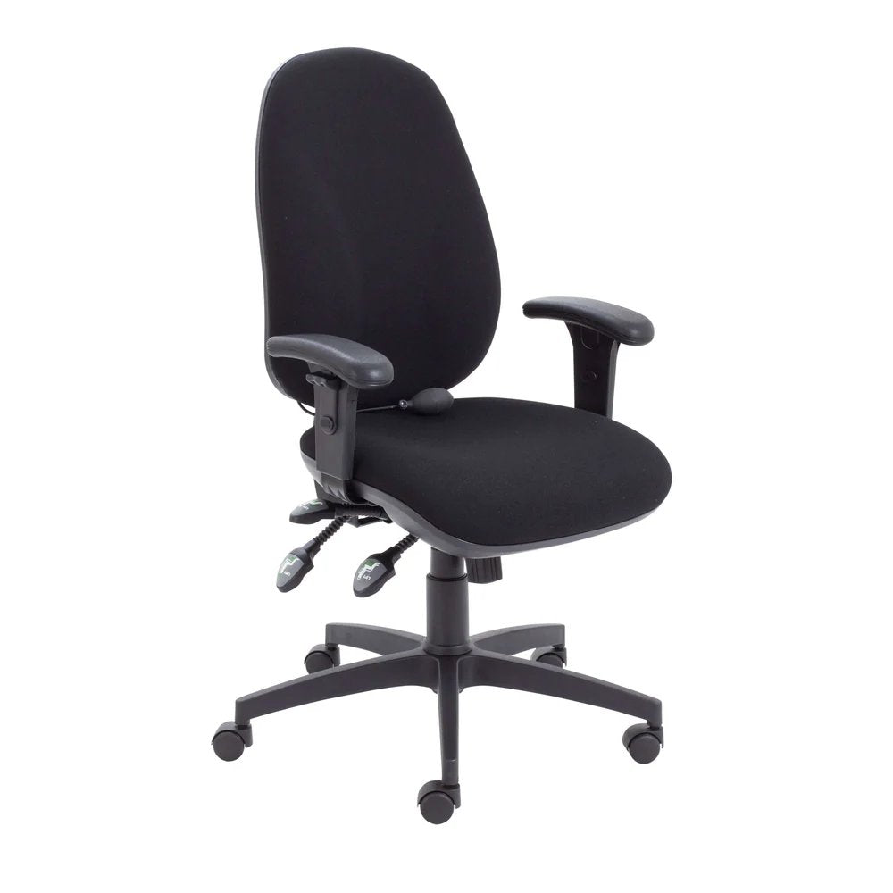 A black office chair with a lumbar support pump, featuring a ratchet back, adjustable seat slide, and five-star base with casters.