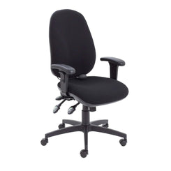 A black office chair with a lumbar support pump, featuring a ratchet back, adjustable seat slide, and five-star base with casters.