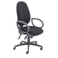 A black office chair with a lumbar support pump, featuring a ratchet back, adjustable seat slide, and five-star base with casters.