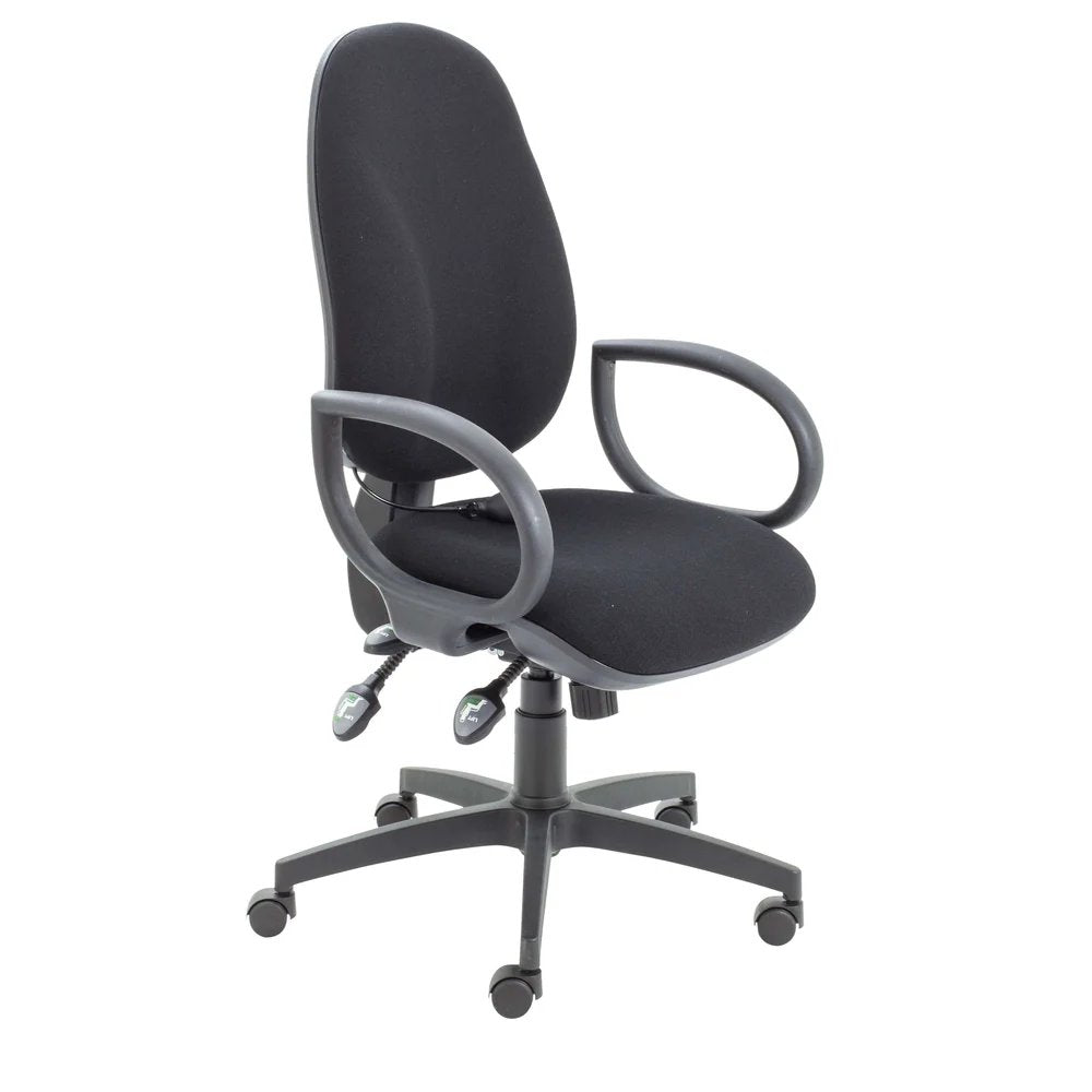 A black office chair with a lumbar support pump, featuring a ratchet back, adjustable seat slide, and five-star base with casters.