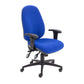 A blue office chair with a lumbar support pump, featuring a ratchet back, adjustable seat slide, and five-star base with casters.